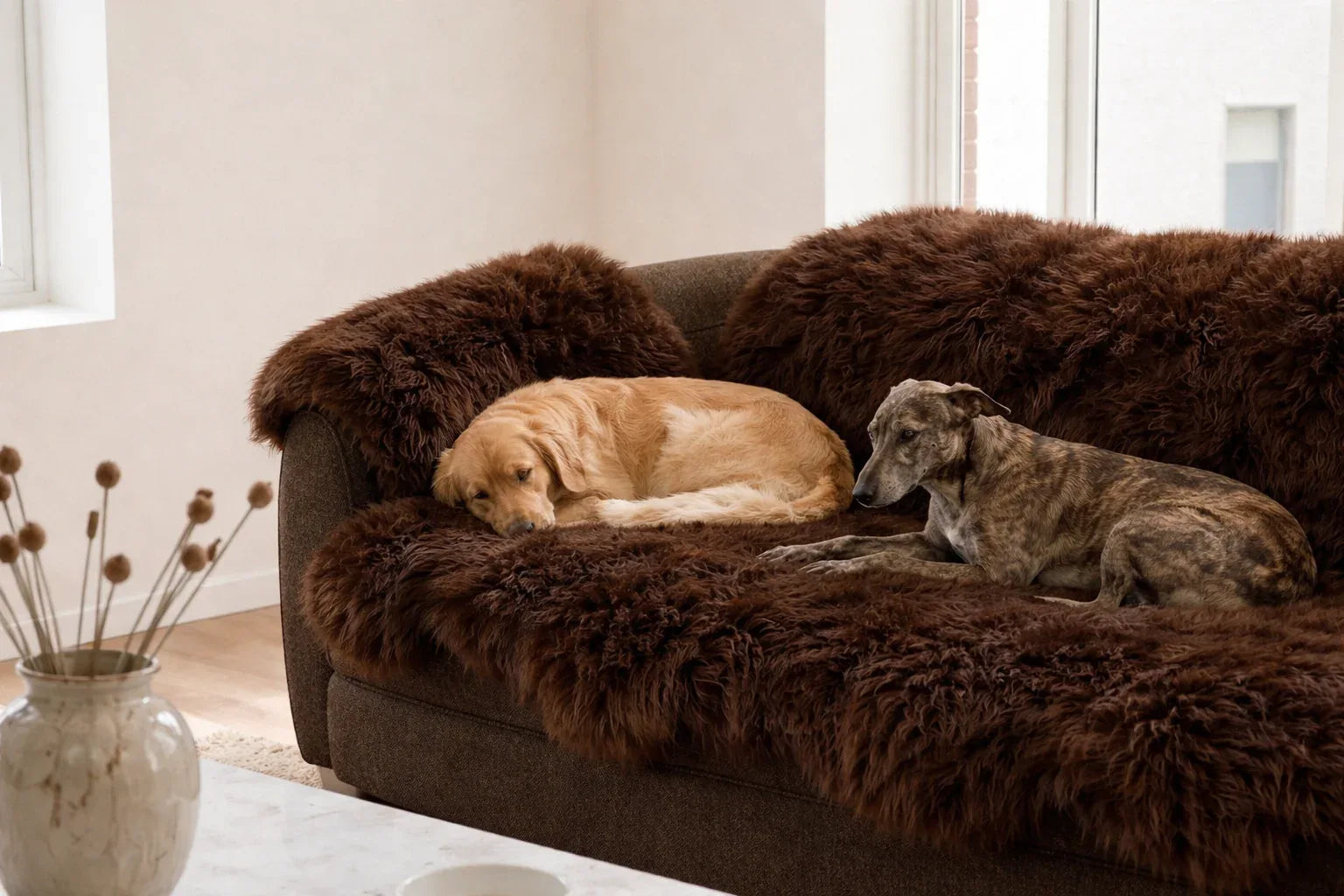 Genuine Brown Sheepskin Couch Cover for Dogs — Natural Sofa Protector (Plastic-Free)-3