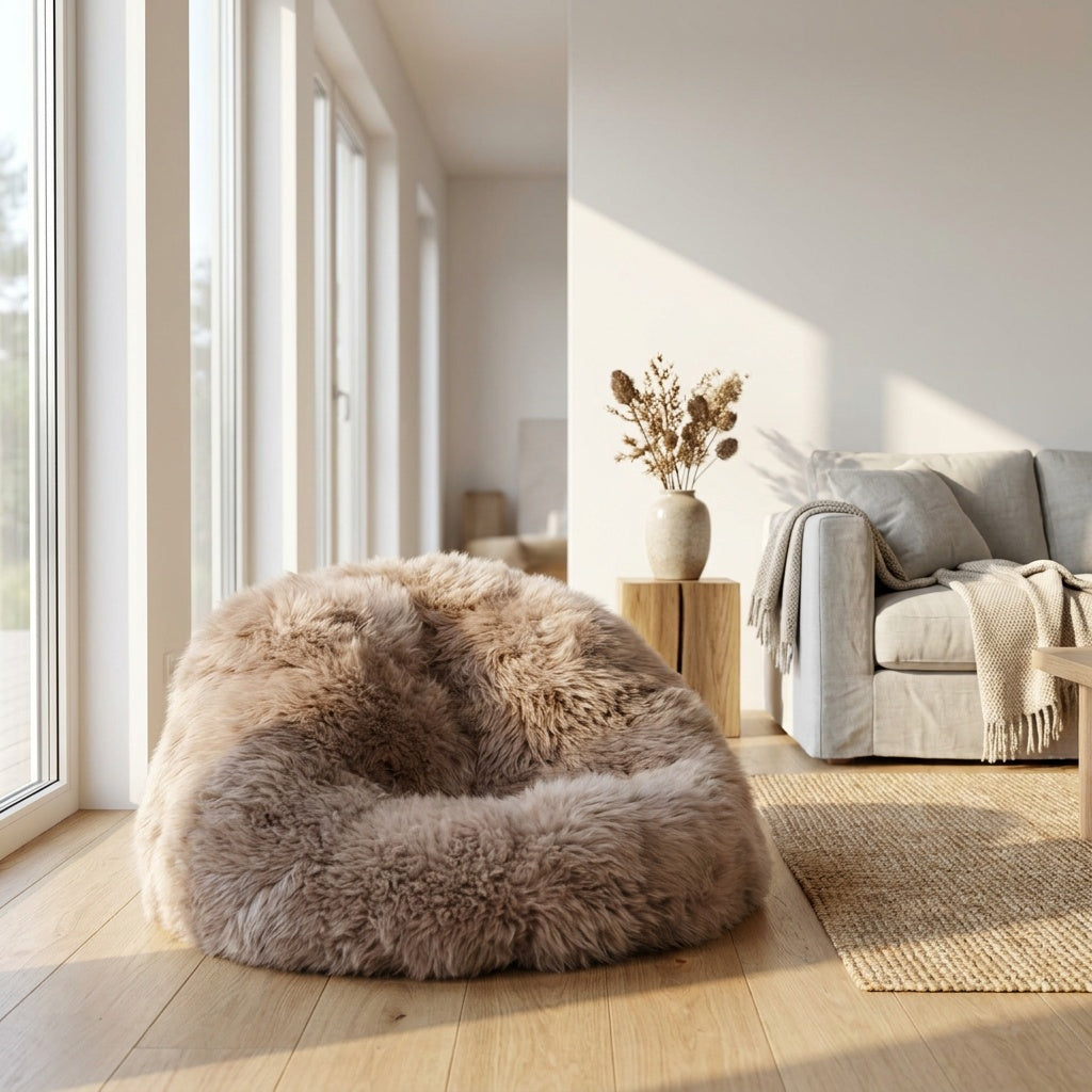 Calming Dog Bed Natural Sheepskin Beanbag Greige Handmade