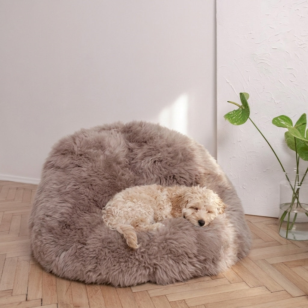 Calming Dog Bed Natural Sheepskin Beanbag Greige Handmade
