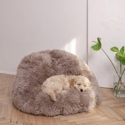 Calming Dog Bed Natural Sheepskin Beanbag Greige Handmade