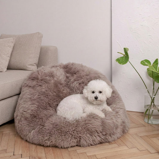 Calming Dog Bed Natural Sheepskin Beanbag Greige Handmade