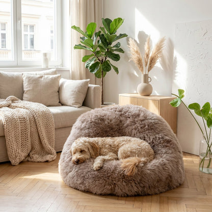 Calming Dog Bed Natural Sheepskin Beanbag Greige Handmade
